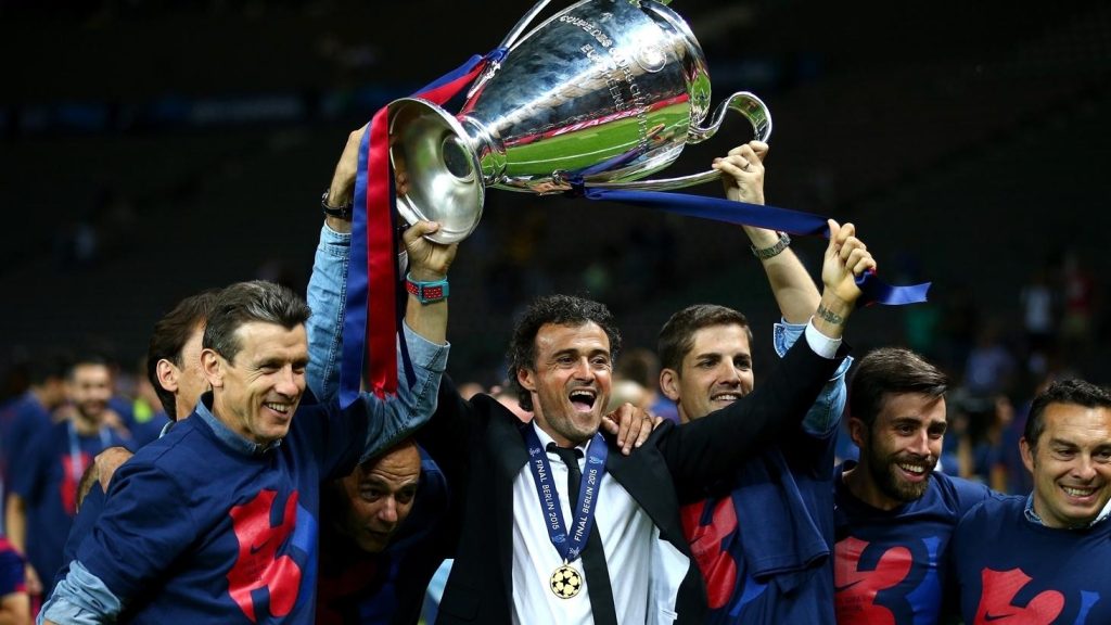 Luis Enrique celebrates PSG victory ahead of Champions League final